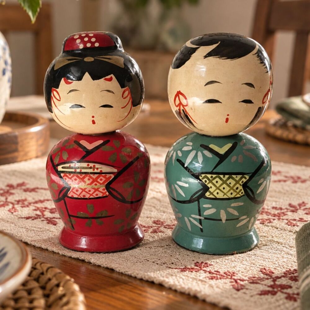 Kokeshi Salt And Pepper Shakers Kimono Wood Handpainted Handmade Vintage Japan